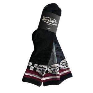 Von Dutch Originals 3 Pair Men's Crew Socks, Black Gray Burgundy Color Scheme